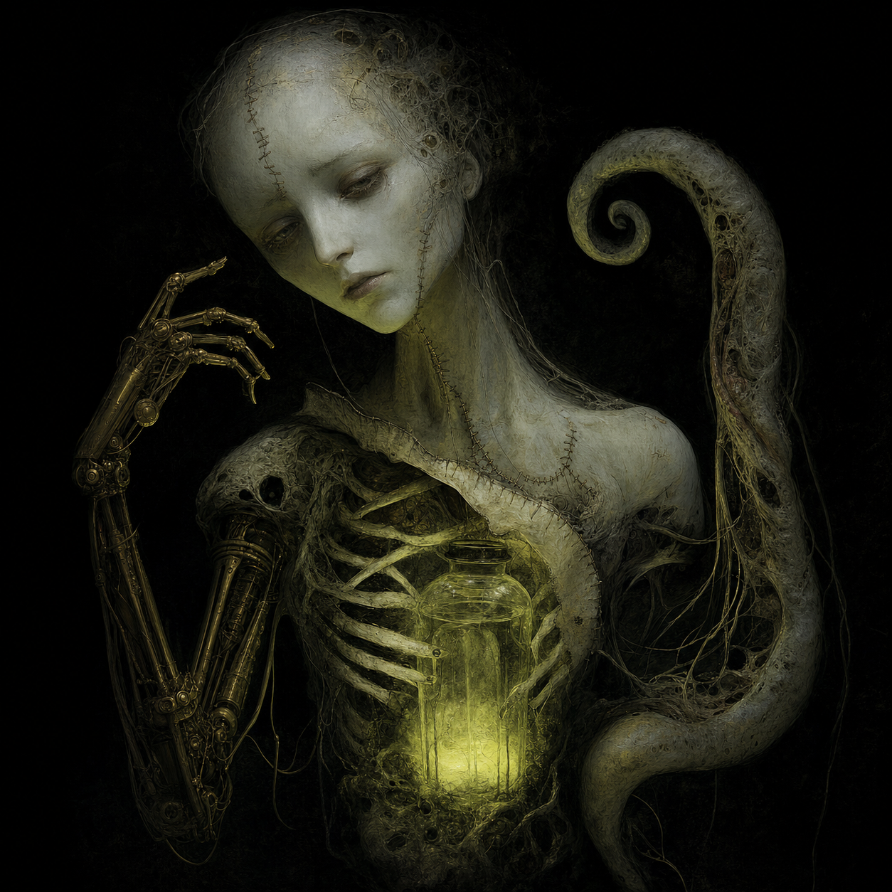 An asymmetric creature with a sad humanoid face, a brass mechanical arm, a soft biological torso held together by visible sutures, and a glowing chartreuse alchemical jar inside its ribcage.