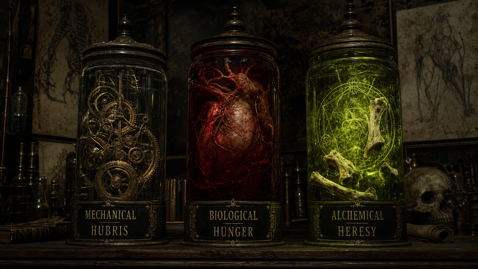 Three Victorian apothecary jars side by side: a clear jar of brass gears labeled Mechanical Hubris, a red jar holding a pulsing organ labeled Biological Hunger, and a glowing chartreuse jar of bone fragments labeled Alchemical Heresy.